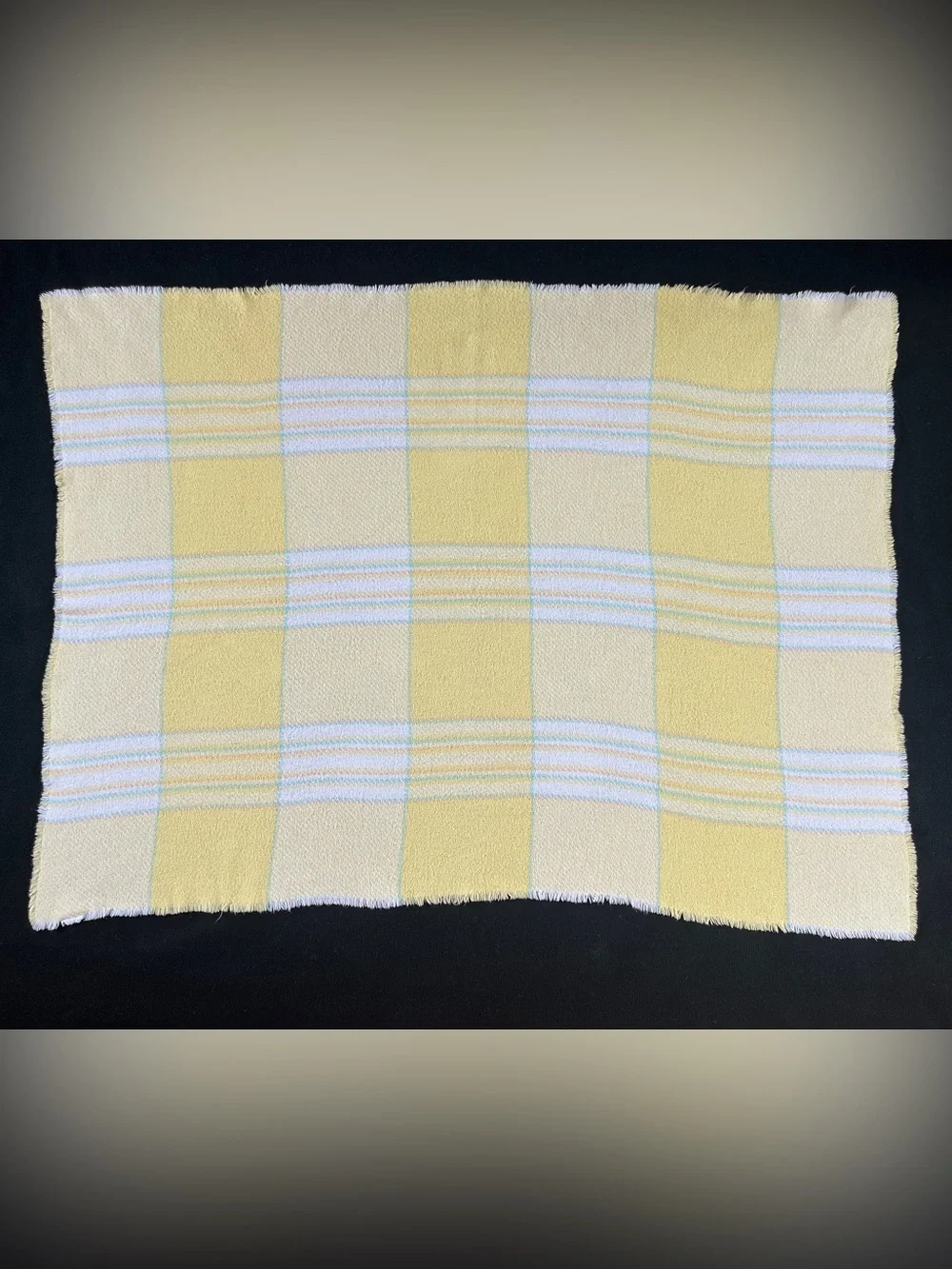 Vtg Berea College Crafts Handwoven Baby Blanket Yellow White Plaid 34x46 Fringe